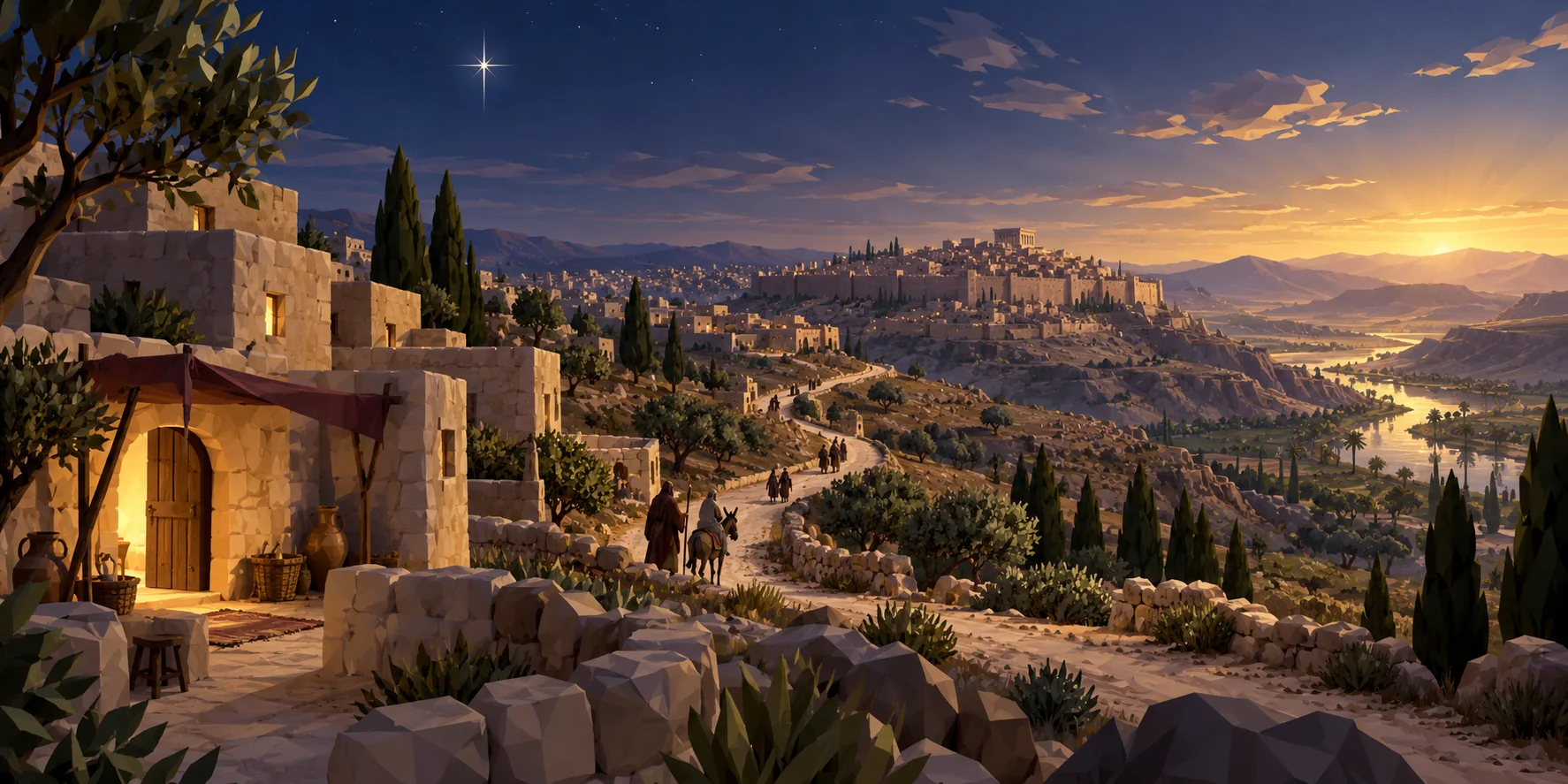 An exclusive Act I illustration of a road from Bethlehem towards Jerusalem and the Jordan valley at dawn.